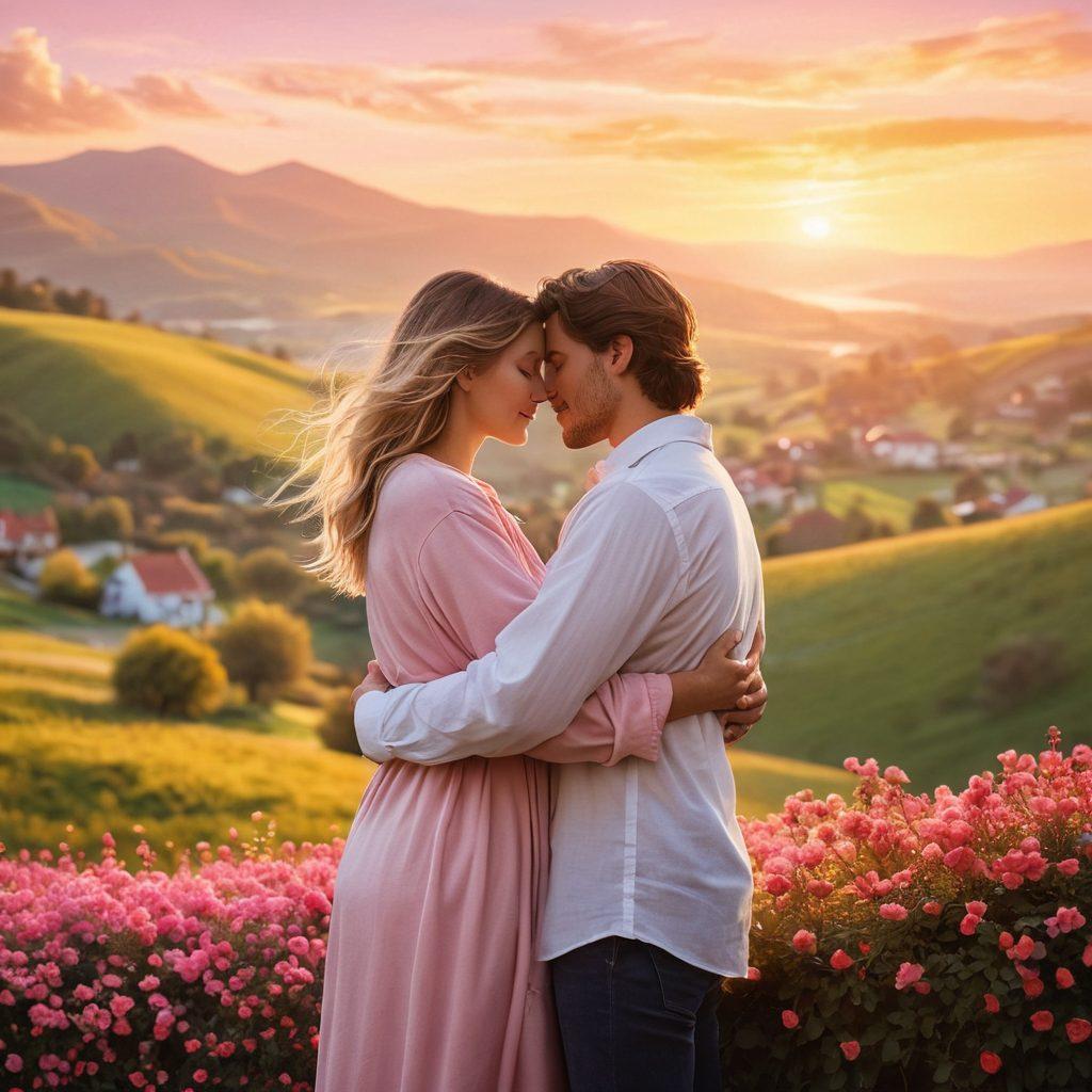A cozy, intimate setting depicting two people wrapped in a warm embrace, with symbols of security like a protective shield made of hearts surrounding them. In the background, a calm, serene landscape representing emotional stability with soft, warm colors. Include elements of love insurance like heart-shaped locks and key motifs. super-realistic. vibrant colors. soft focus.