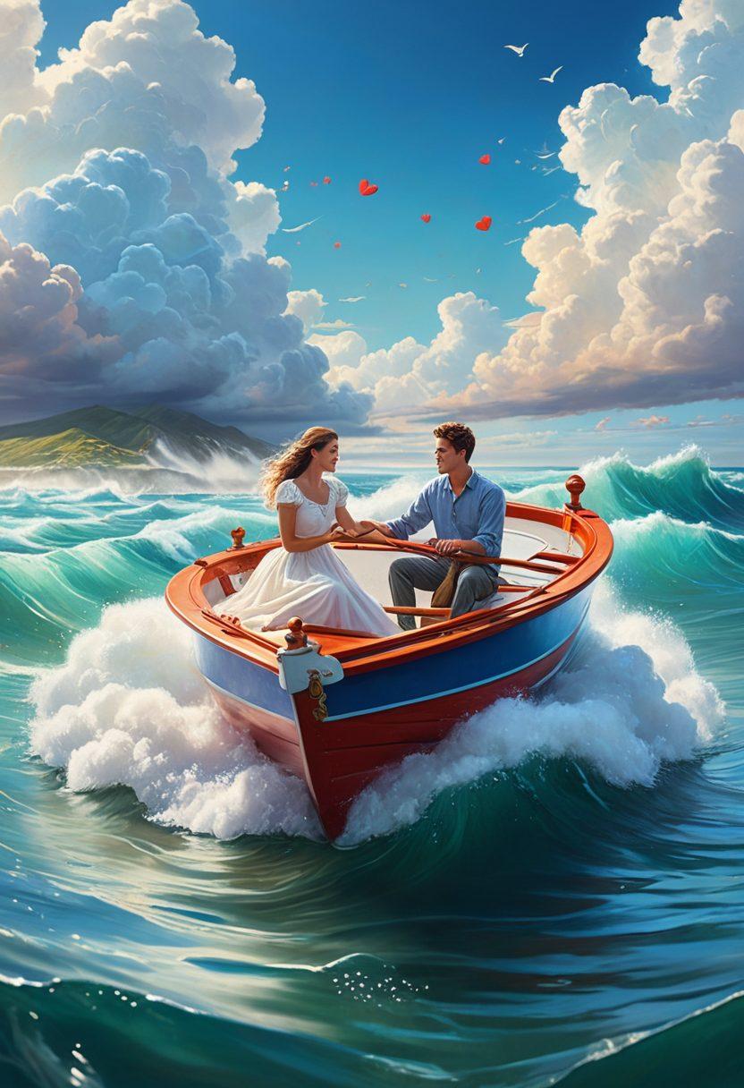A whimsical scene depicting a couple happily sailing on a heart-shaped boat, navigating through turbulent waters symbolizing emotional risks. Surround the boat with colorful shields representing innovative coverage options, while soft clouds in the background symbolize guidance and support. Include subtle icons of love, such as hearts and lockets, floating around the scene. vibrant colors. dreamy style. hyper-realistic.