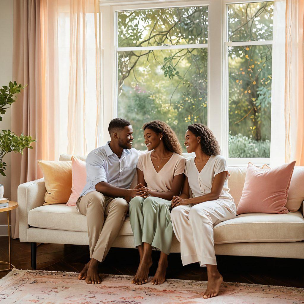 A serene couple sitting together in a cozy, welcoming living room, surrounded by warm sunlight filtering through the curtains. They are engaged in a heartfelt conversation, exuding trust and emotional connection. Soft pillows and a calming color palette set a peaceful atmosphere, symbolizing emotional security. Incorporate abstract elements like floating hearts or gentle waves to represent deep feelings. super-realistic. warm colors. cozy ambiance.